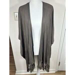 Chicos Brown Faux Suede Leather Perforated Fringe Poncho Wrap Shawl OS Western